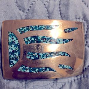 Vintage Handmade 1977 Sterling Silver Turquoise Men’s Belt Buckle.